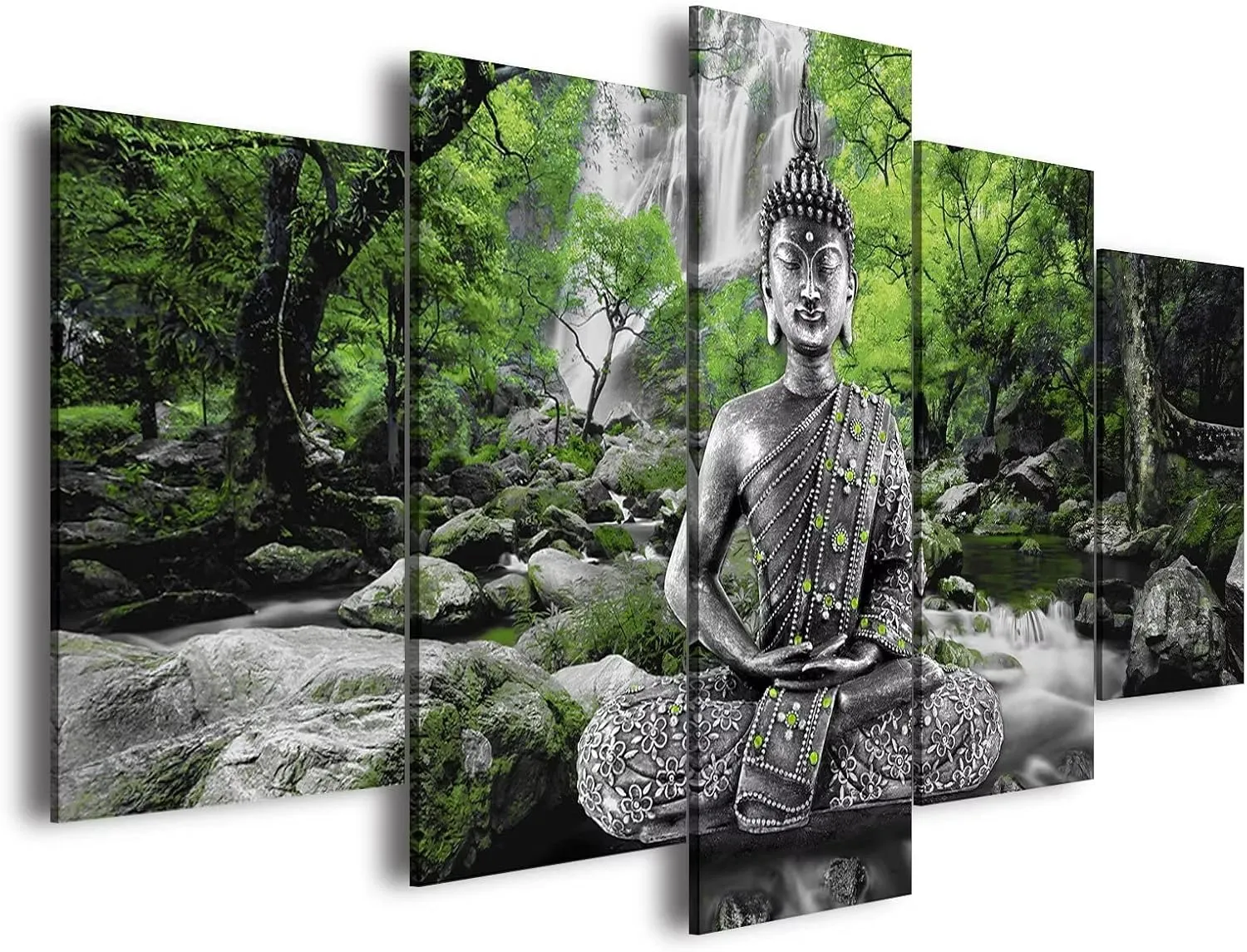 AWLXPHY Decor Buddha Waterfall Wall Art Canvas Painting Framed 5 Panels for Living Room Decoration Modern Landscape Buddha Trees Zen Stretched Artwork Giclee (Green, 80"x40")