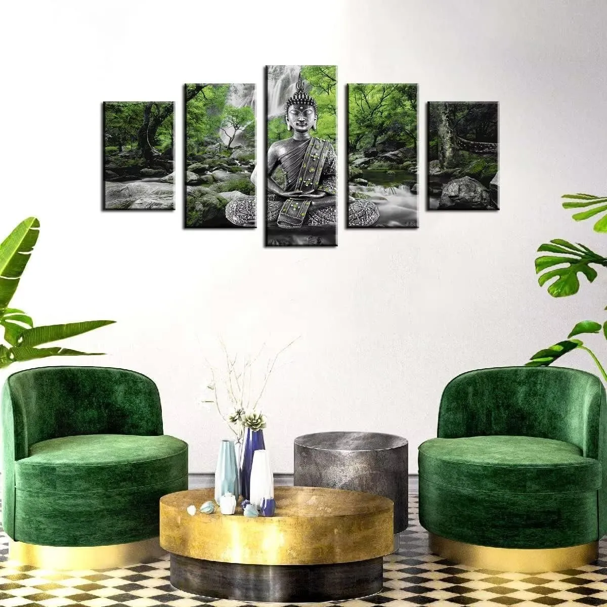 AWLXPHY Decor Buddha Waterfall Wall Art Canvas Painting Framed 5 Panels for Living Room Decoration Modern Landscape Buddha Trees Zen Stretched Artwork Giclee (Green, 80"x40")
