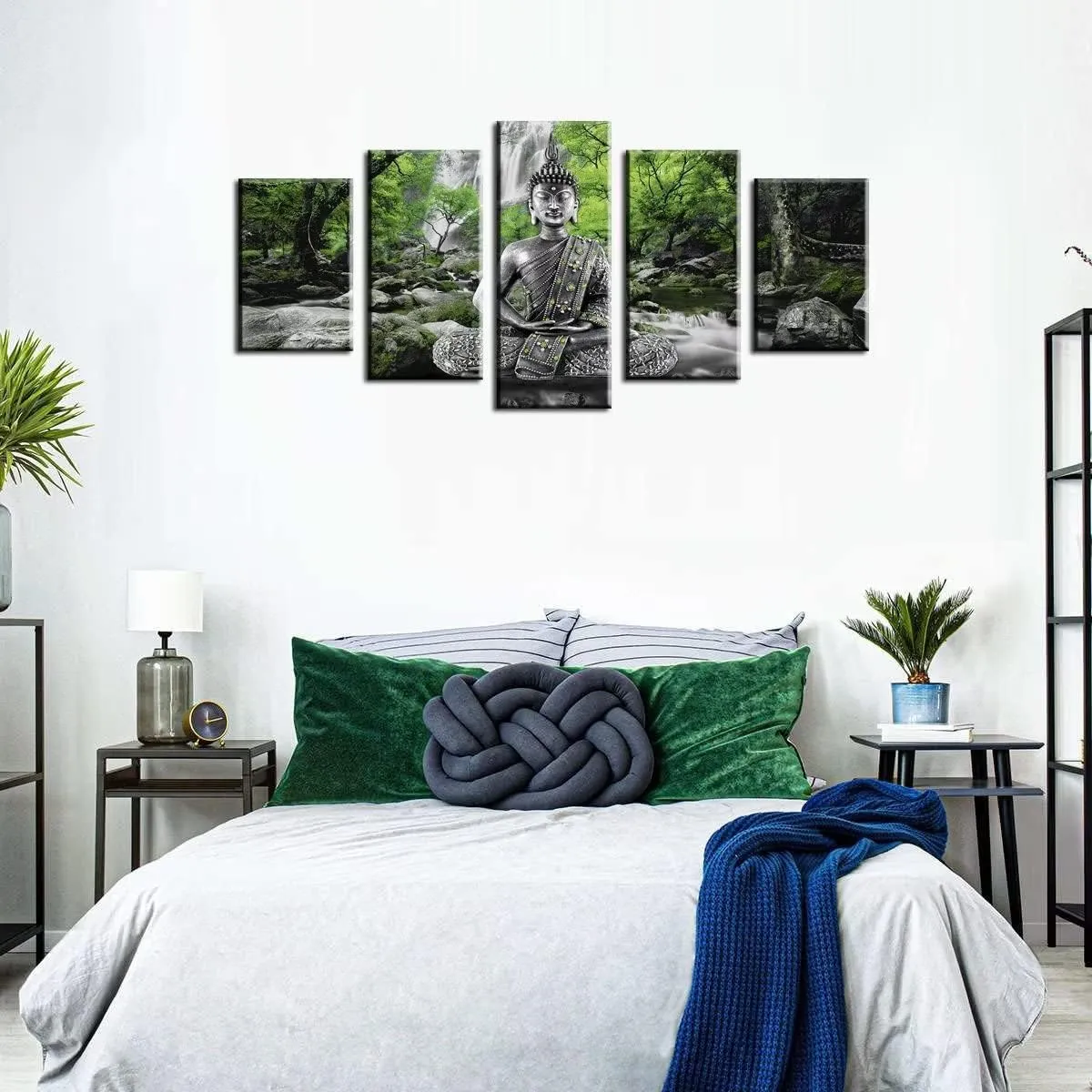 AWLXPHY Decor Buddha Waterfall Wall Art Canvas Painting Framed 5 Panels for Living Room Decoration Modern Landscape Buddha Trees Zen Stretched Artwork Giclee (Green, 80"x40")