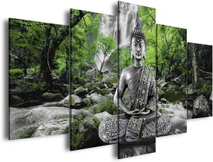 AWLXPHY Decor Buddha Waterfall Wall Art Canvas Painting Framed 5 Panels for Living Room Decoration Modern Landscape Buddha Trees Zen Stretched Artwork Giclee (Green, 80"x40")