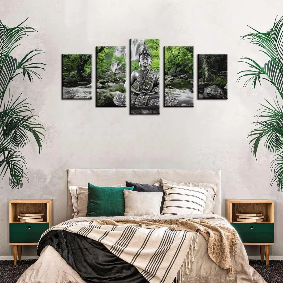 AWLXPHY Decor Buddha Wall Art Canvas Painting Framed 5 Panels for Living Room Decoration Modern Landscape Buddha Waterfall Trees Zen Stretched Artwork Giclee (Green, 40"x20")