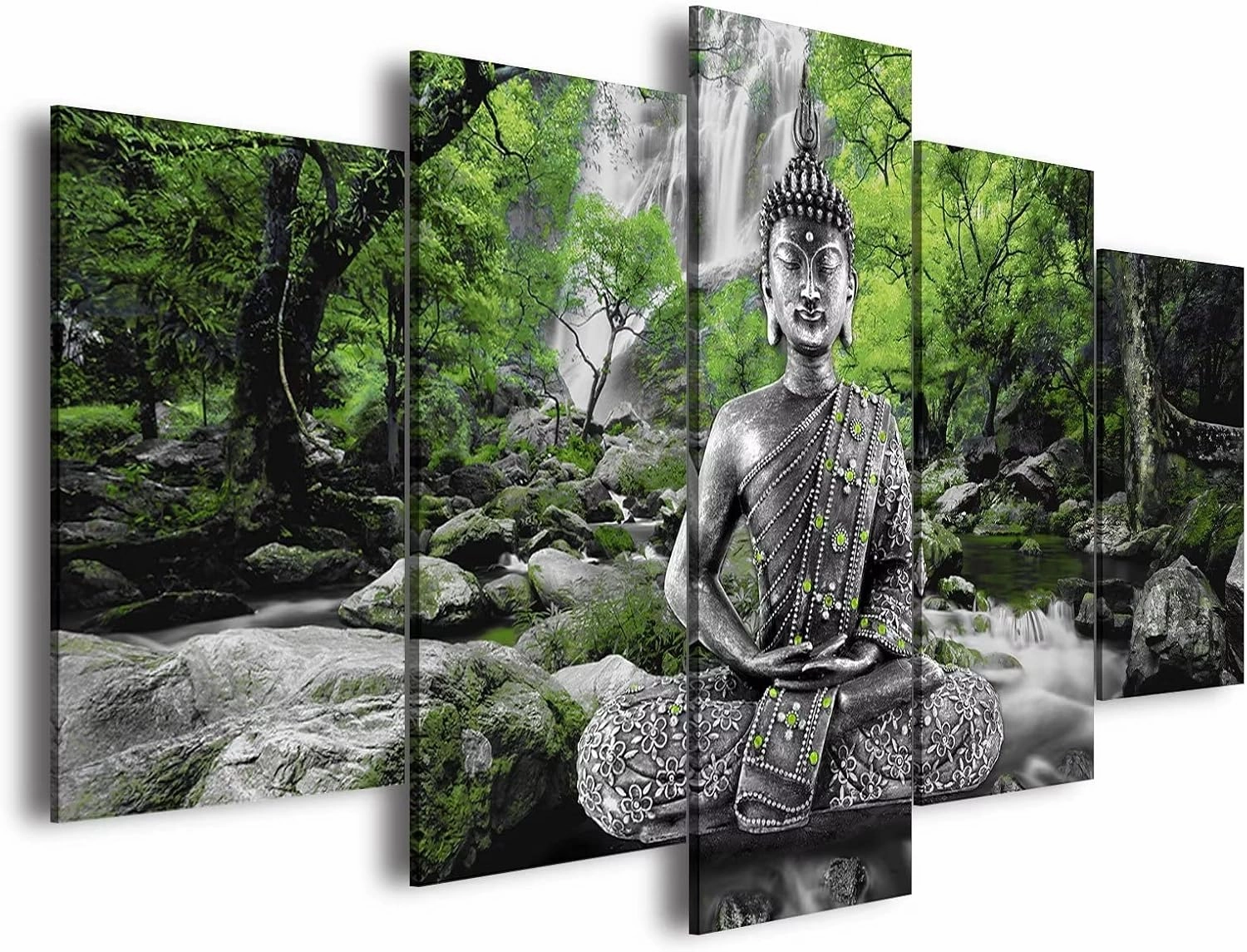 AWLXPHY Decor Buddha Wall Art Canvas Painting Framed 5 Panels for Living Room Decoration Modern Landscape Buddha Waterfall Trees Zen Stretched Artwork Giclee (Green, 40"x20")