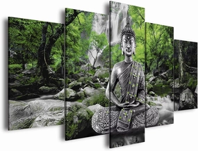 AWLXPHY Decor Buddha Wall Art Canvas Painting Framed 5 Panels for Living Room Decoration Modern Landscape Buddha Waterfall Trees Zen Stretched Artwork Giclee (Green, 40"x20")