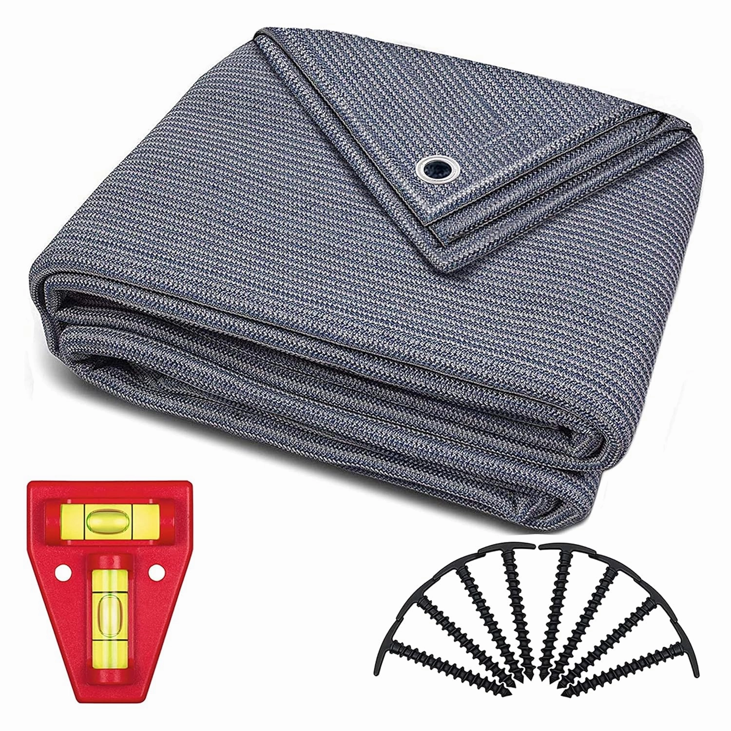 Awning Carpet - Blue/Grey polyethylene (HDPE) groundsheet with Stainless Steel Eyelets - Highly Robust & Washable - with Carrying Bag and 8 T-Shaped pegs Plus: 1x Cross Spirit Level