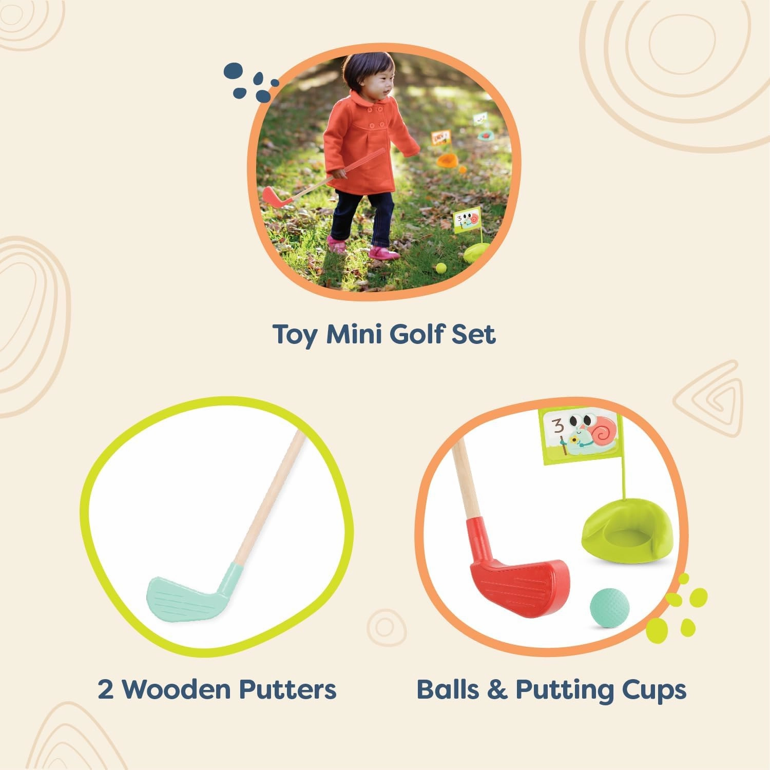 B. toys- Wooden Golf Set- Sports & Outdoors- 15 pc Golf Set for Toddlers with Storage Bag- Pretend Play- 3 Years  
