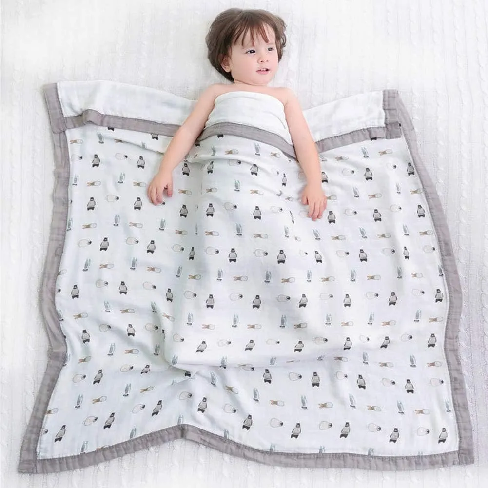 Baby Muslin Swaddle Blankets - Gray Soft Toddler Quilt Everything Blanket Wrap Perfect for Newborn Sensitive Skin - 43 X 45 inchs (Penguin Raccoon)