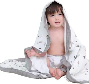 Baby Muslin Swaddle Blankets - Gray Soft Toddler Quilt Everything Blanket Wrap Perfect for Newborn Sensitive Skin - 43 X 45 inchs (Penguin Raccoon)
