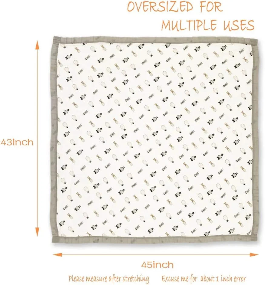 Baby Muslin Swaddle Blankets - Gray Soft Toddler Quilt Everything Blanket Wrap Perfect for Newborn Sensitive Skin - 43 X 45 inchs (Penguin Raccoon)