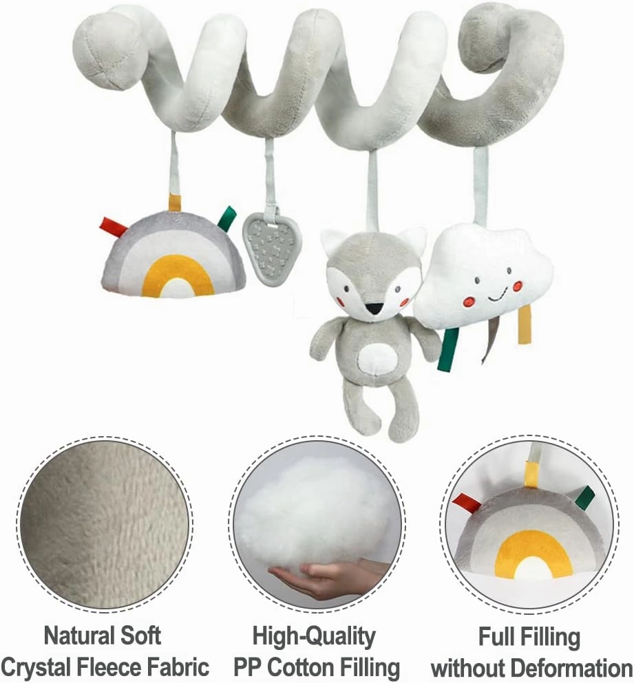 Baby Car Seat Toys, Activity Spiral Plush Hanging Wrap Around Pram Pushchair Stroller Toys, Sensory Early Education Toy for Toddler, Grey Fox