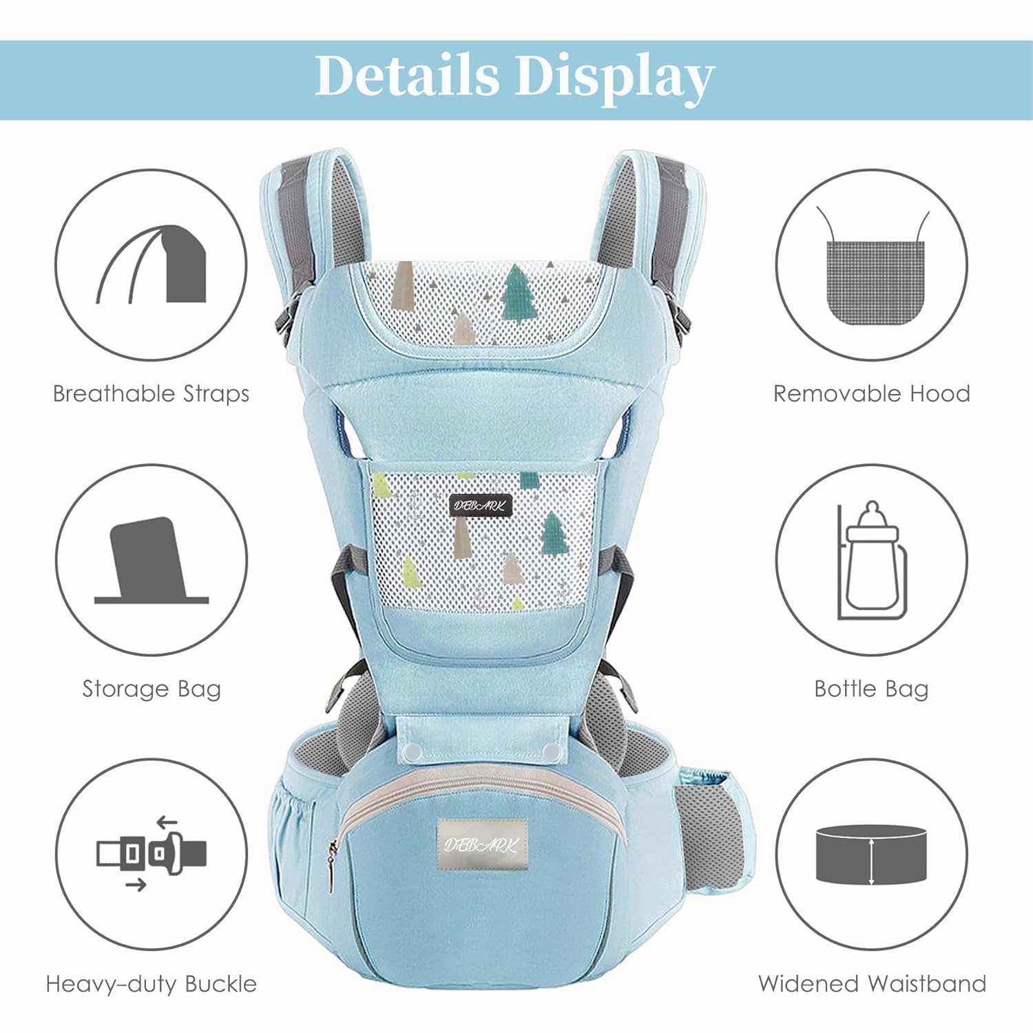 Baby Carrier Newborn to Toddler - Debark Baby Carrier with Hip Seat, 6 in 1 Lightweight and Detachable Infant Carrier for Babies from 0-36 Months, Ideal for Hands-Free Parenting (Blue)