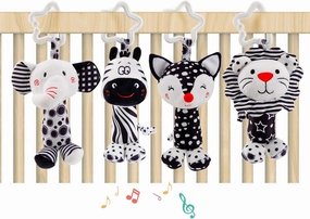 Baby Toys for 0-36 Months, Car Seats Stroller Toys with Wind Chime, Animal Plush Hanging Rattle Toy for Newborn, Gift for Infants, 4 Pack