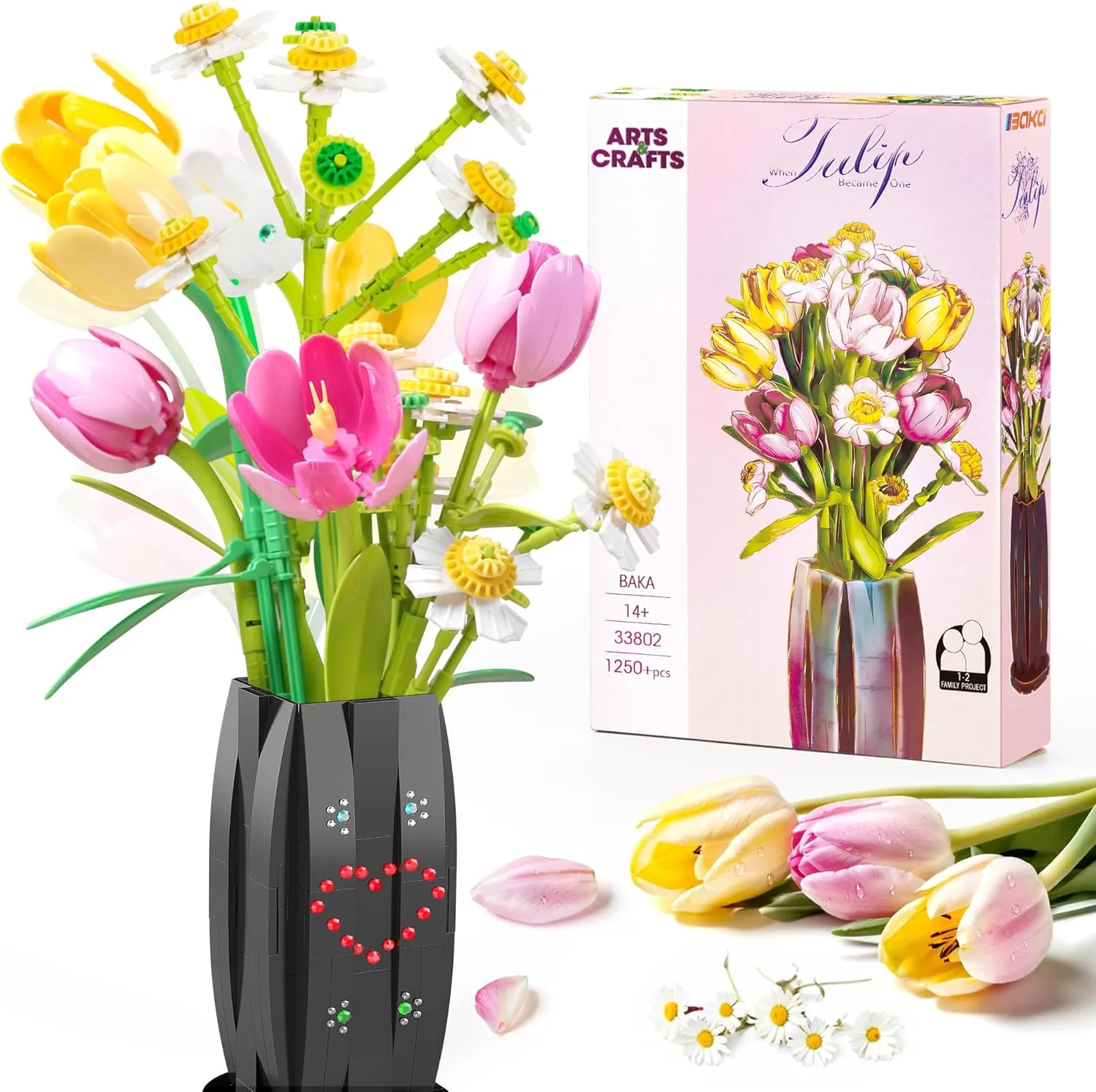 BAKA Flowers Bouquet Building Set for Adults - Artificial Flowers with Tulips & Daisy - Botanical Collection, Christmas, Mother's Day, or Valentine's Gifts for Her, Him, and Mothers -580pcs