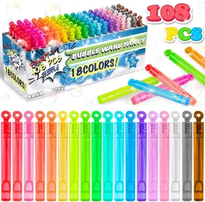 Bakatatoyz 108 Pack 18 Colors Mini Bubble Wand Bulk Assortment, Kid Party Favors Toy for Carnival Prizes, Goody Bag Stuffers, Themed Birthday, Halloween Treat or Trick Gift for Boys Girls Child