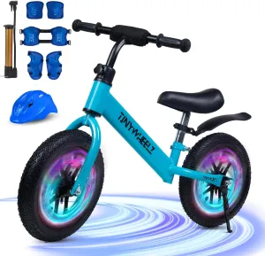 Balance Bike for Kids 2-5 Year Old - Lighting Tires with Adjustable Seat & Handlebar - No Pedal Toddler Balance Bike, Gift for Boys and Girls Including Safety Helmet, Air Pump, Knee & Elbow Pads Set