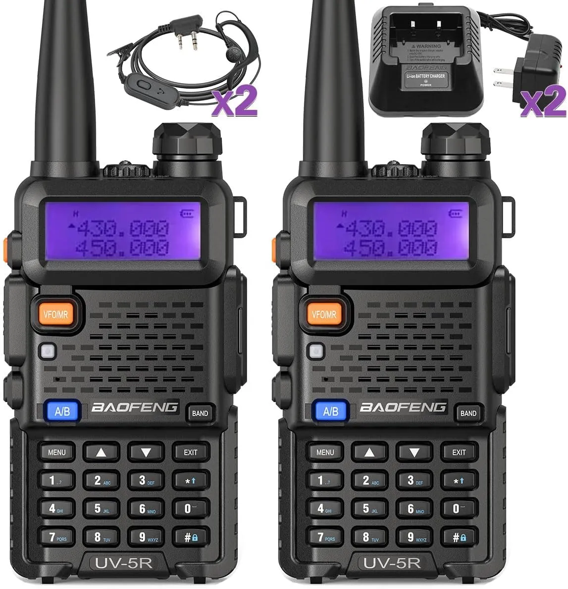 Baofeng UV-5R Ham Radio Long Range UV5R Dual Band Handheld Rechargeable High Power Two Way Radio Walkie Talkies with 1800mAh Li-ion Battery and Earpiece for Hunting Survival Gear,2 Pack