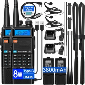 BAOFENG UV-5R Ham Radio Handheld: 8W Ham Radios Long Range UV5R Radio 3800mAh Rechargeable Walkie Talkies Two Way Radio with Programming Cable,Tactical Antenna and Earpiece for Survival Gear, 2 Pack