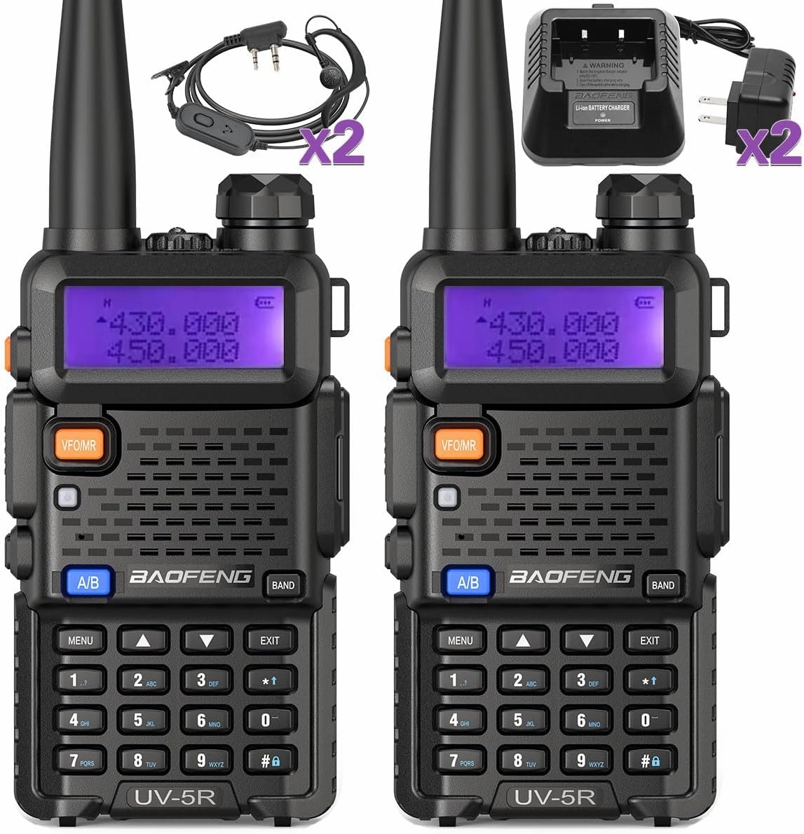 Baofeng UV-5R Ham Radio Long Range UV5R Dual Band Handheld Rechargeable High Power Two Way Radio Walkie Talkies with 1800mAh Li-ion Battery and Earpiece for Hunting Survival Gear,2 Pack