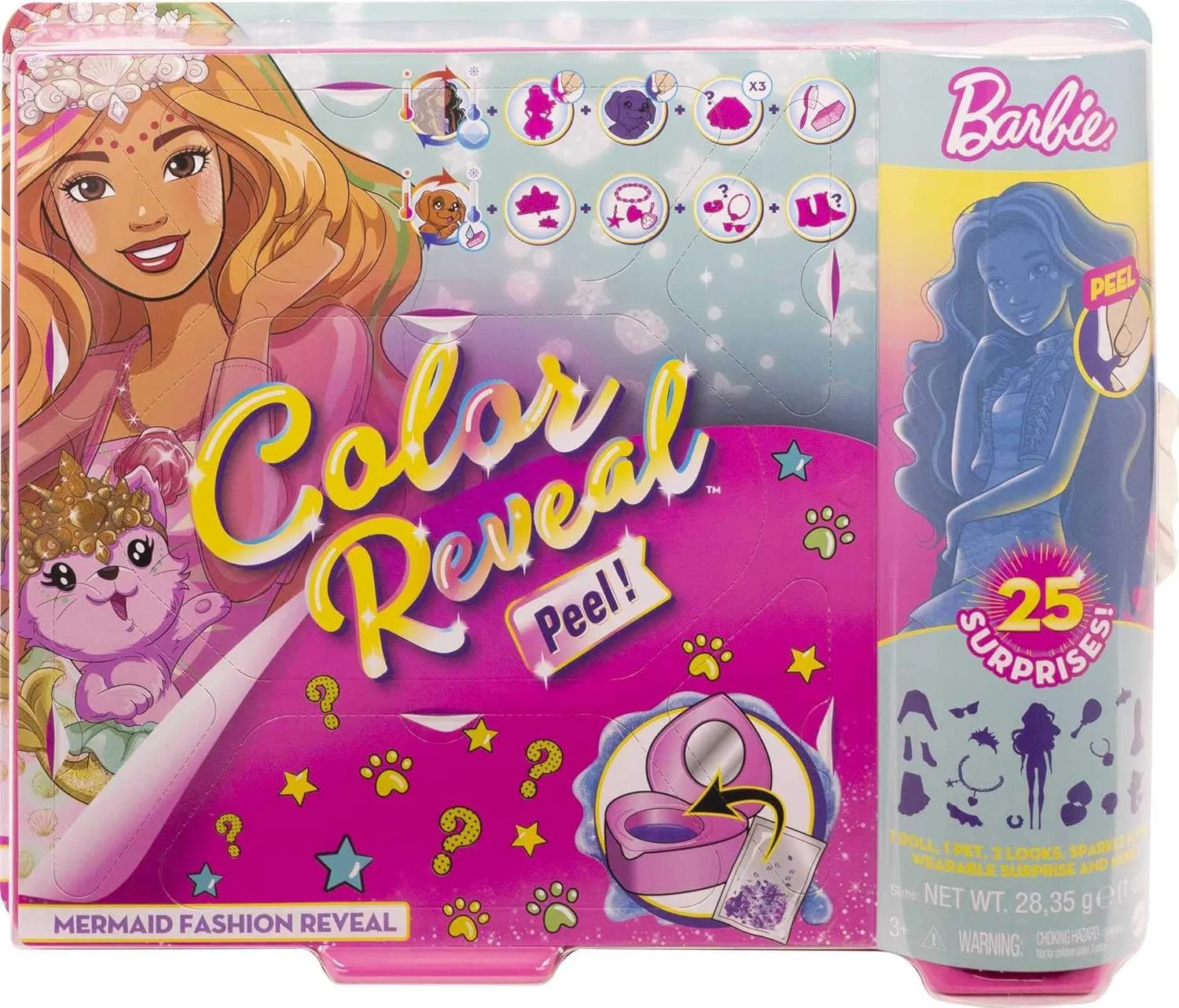 Barbie Color Reveal Peel Mermaid Fashion Reveal Doll Set with 25 Surprises Including Purple Peel-able Doll & Pet & 16 Mystery Bags with Clothes & Accessories for 2 Mermaid-Inspired Looks