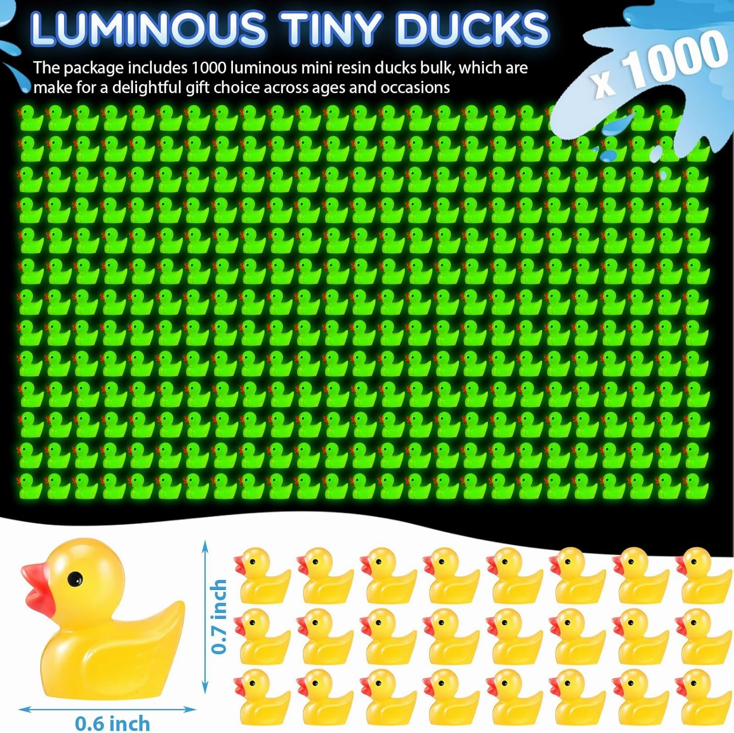 Barydat 1000 Pcs Mini Resin Duck Glowing in The Dark Little Tiny Luminous Duck Bulk for Hide Prank DIY Ideas Gifts Cruises Party Garden Animal Figure Miniature for Garden Micro Decor(Yellow)
