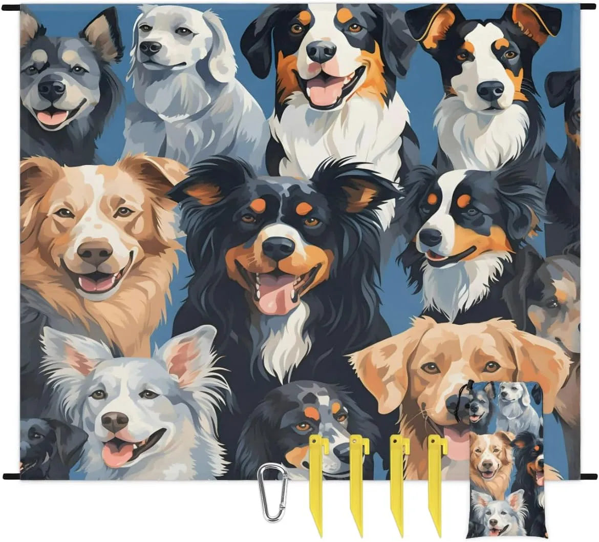 Beach Blanket, Pet Dogs Sandproof Beach Mat, Waterproof Quick Drying Sand Free Mat with 4 x Ground Spikes for Outdoor Travel Camping Hiking, Dog Print 68 x 59 in