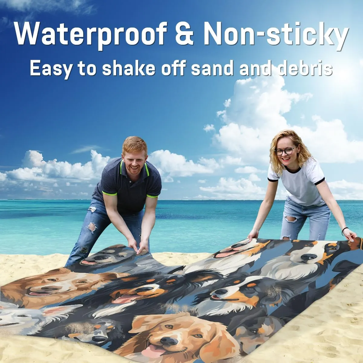 Beach Blanket, Pet Dogs Sandproof Beach Mat, Waterproof Quick Drying Sand Free Mat with 4 x Ground Spikes for Outdoor Travel Camping Hiking, Dog Print 68 x 59 in
