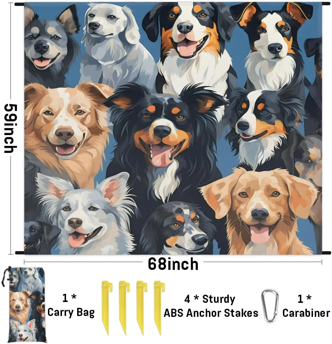Beach Blanket, Pet Dogs Sandproof Beach Mat, Waterproof Quick Drying Sand Free Mat with 4 x Ground Spikes for Outdoor Travel Camping Hiking, Dog Print 68 x 59 in