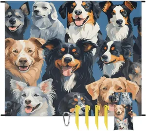 Beach Blanket, Pet Dogs Sandproof Beach Mat, Waterproof Quick Drying Sand Free Mat with 4 x Ground Spikes for Outdoor Travel Camping Hiking, Dog Print 68 x 59 in