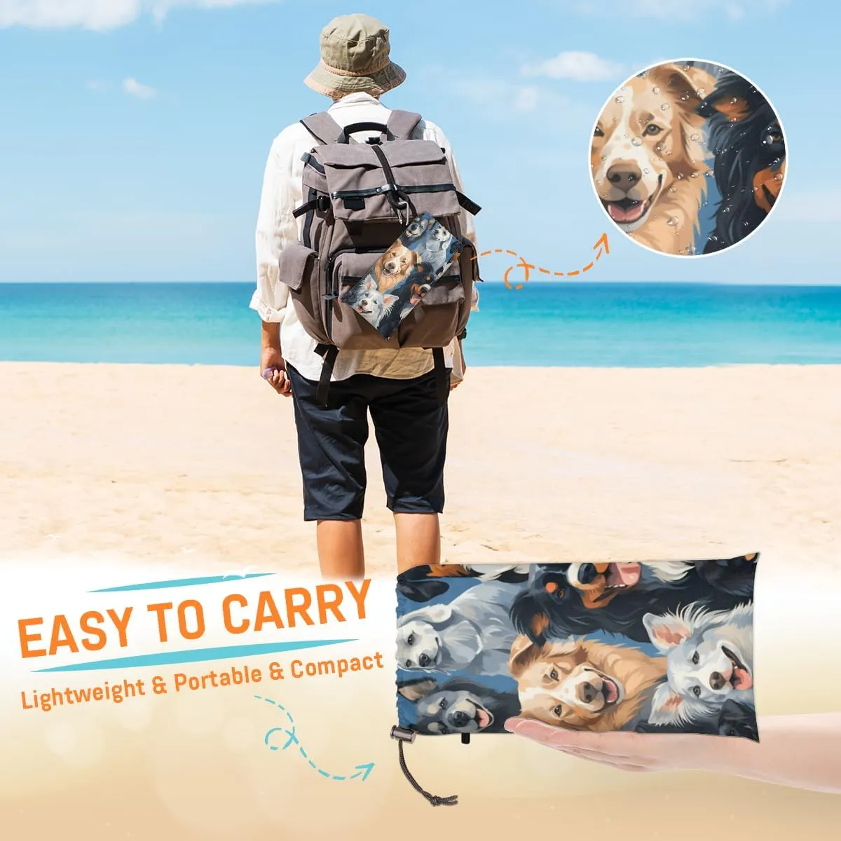 Beach Blanket, Pet Dogs Sandproof Beach Mat, Waterproof Quick Drying Sand Free Mat with 4 x Ground Spikes for Outdoor Travel Camping Hiking, Dog Print 68 x 59 in