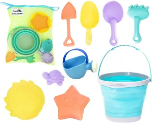 Beach Toys, Sand Box Toys for Kids Outdoor, Set of Sand Toys with Silicone Collapsible Bucket, Kids Watering Can, Shovels, & A Variety of Molds, Includes Storage Pouch, 9-Piece Set