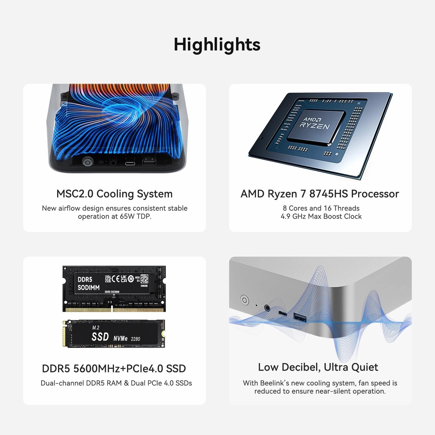 Beelink SER8 Mini PC, AMD Ryzen 7 8745HS(8C/16T, up to 4.9GHz), 32GB DDR5 RAM 1TB PCle4.0 SSD, SER8 Mini Computer Support 4K@144Hz, Tirple Display, HDMI DP, WiFi6, BT5.2, USB4