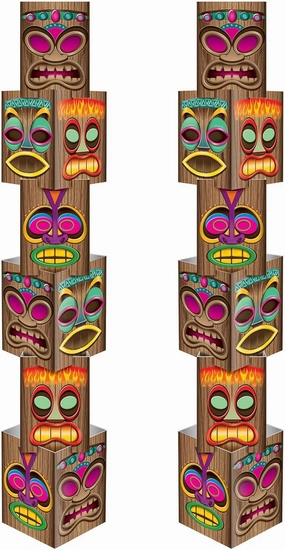 Beistle 2 Piece 5' 7.25" x 12" Colorful Tiki Totem Pole Columns Tropical Decor For Luau Parties and Hawaiian Themed Events, Made In USA Since 1900, Multicolor