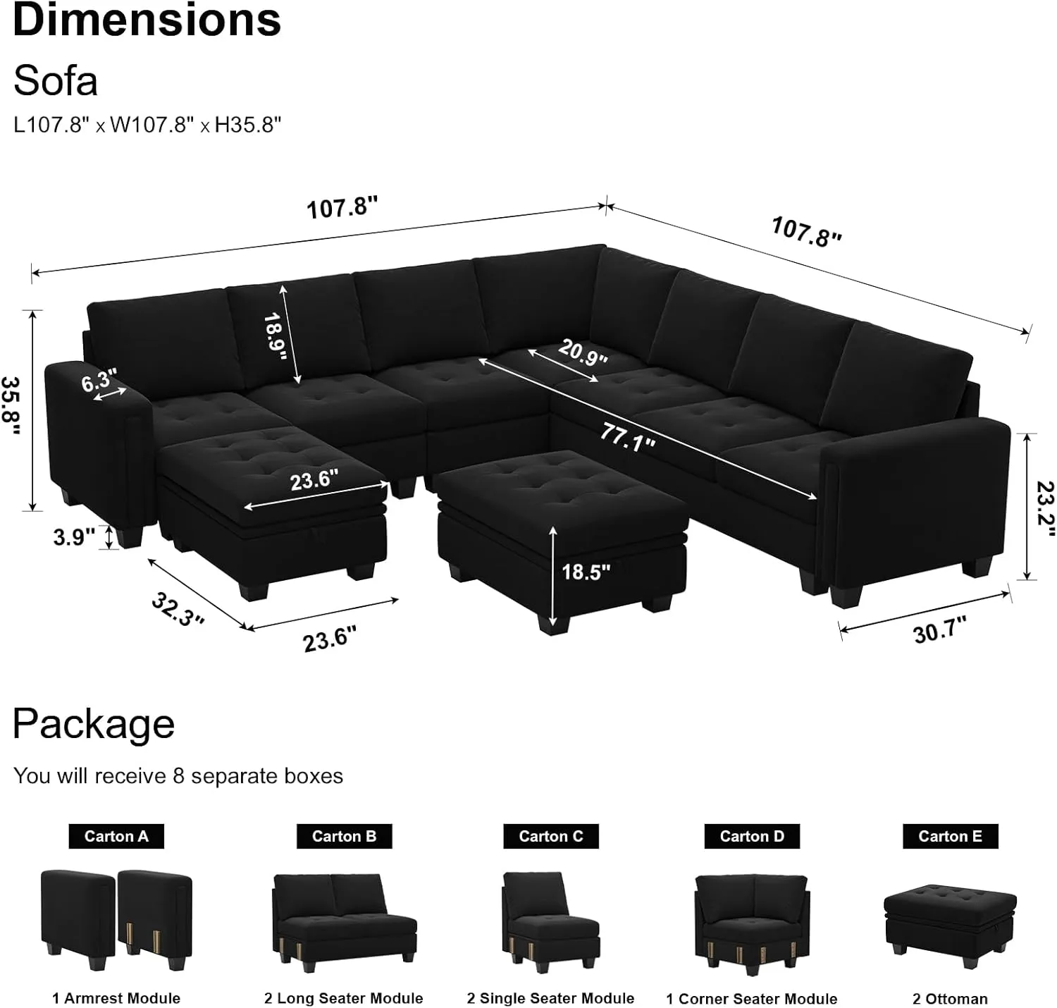 Belffin Modular Sectional Sofa U Shaped Sectional Couch with Storage Ottoman Velvet 9-Seater Convertible Sectional Sofa with Chaises Black