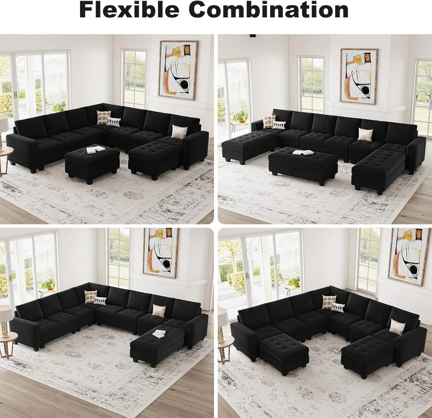 Belffin Modular Sectional Sofa U Shaped Sectional Couch with Storage Ottoman Velvet 9-Seater Convertible Sectional Sofa with Chaises Black