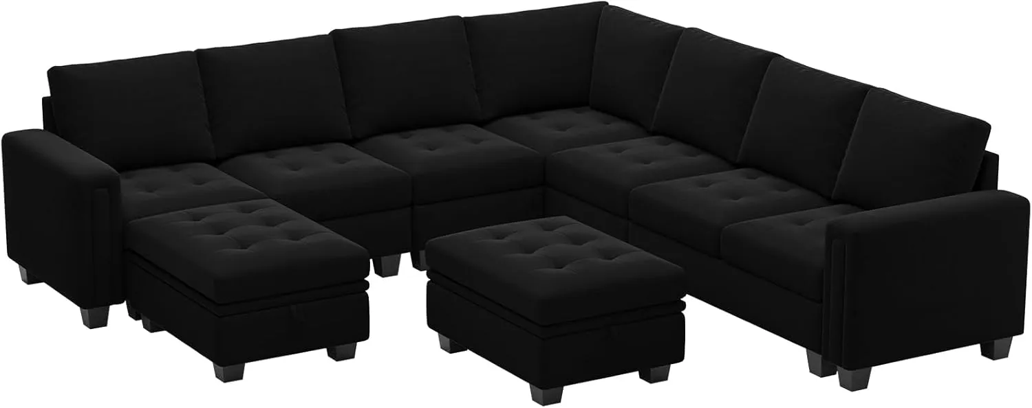 Belffin Modular Sectional Sofa U Shaped Sectional Couch with Storage Ottoman Velvet 9-Seater Convertible Sectional Sofa with Chaises Black