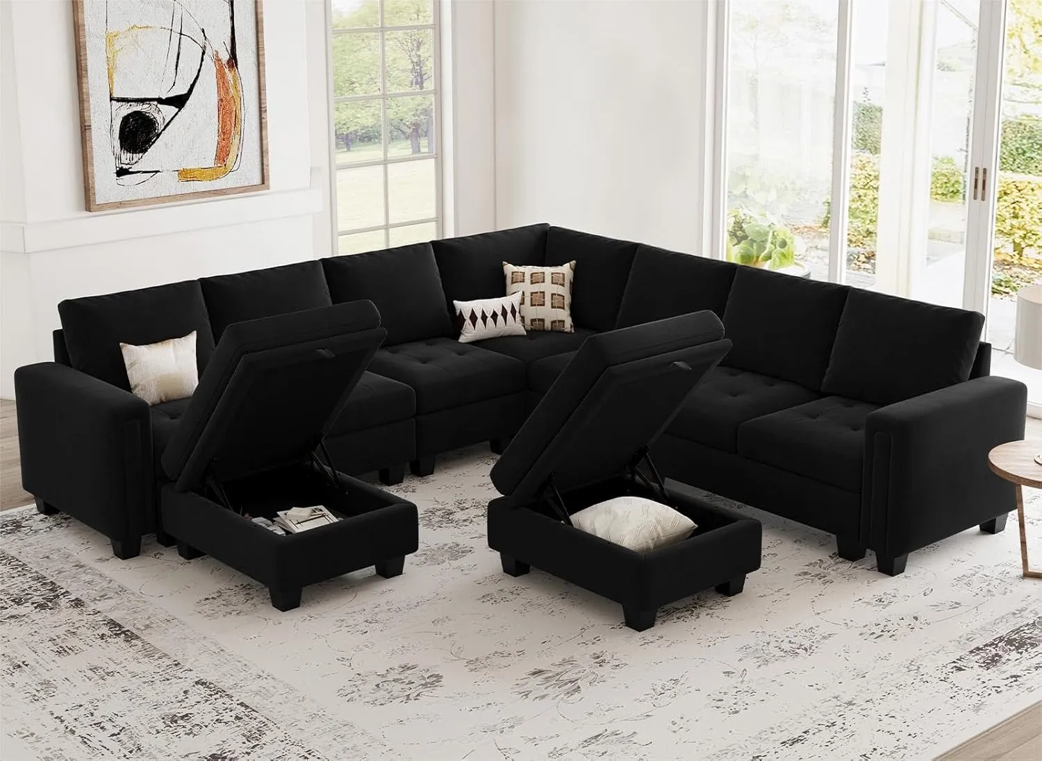 Belffin Modular Sectional Sofa U Shaped Sectional Couch with Storage Ottoman Velvet 9-Seater Convertible Sectional Sofa with Chaises Black