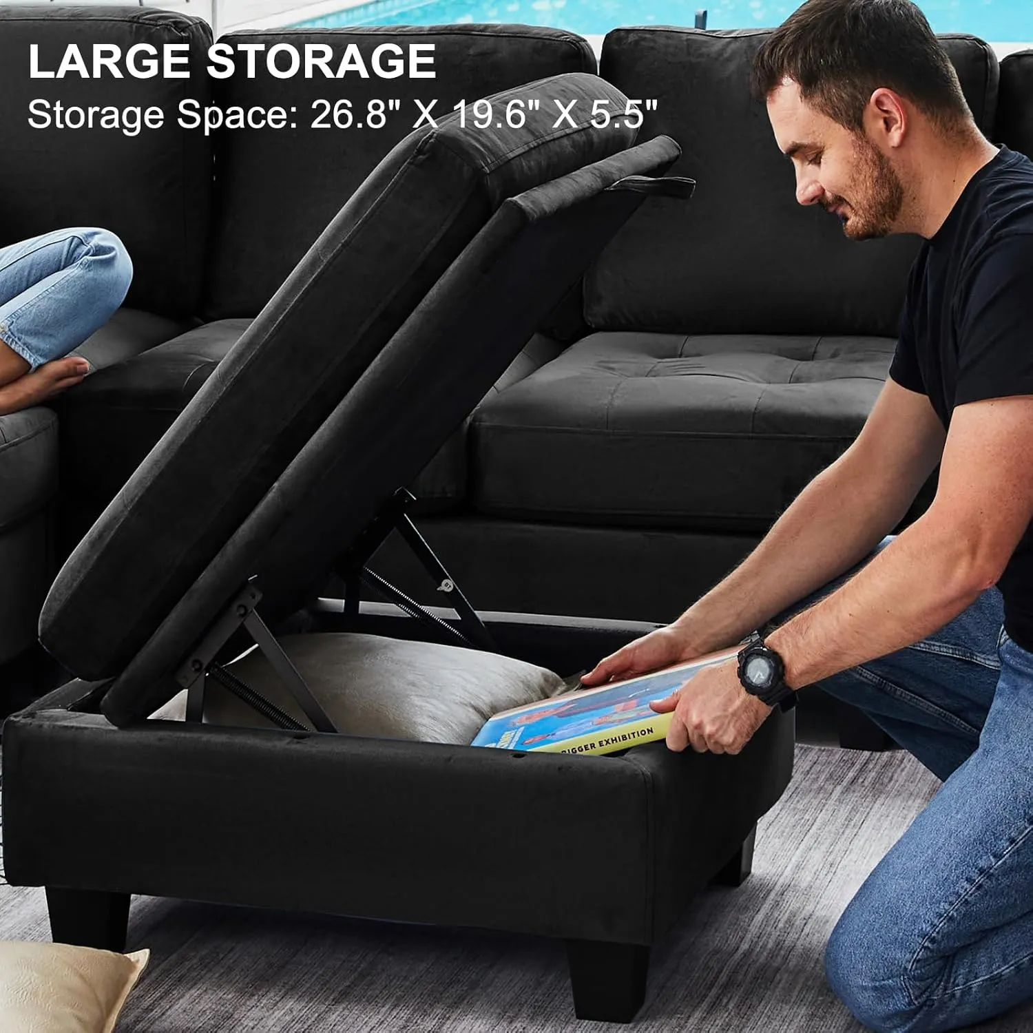 Belffin Modular Sectional Sofa U Shaped Sectional Couch with Storage Ottoman Velvet 9-Seater Convertible Sectional Sofa with Chaises Black
