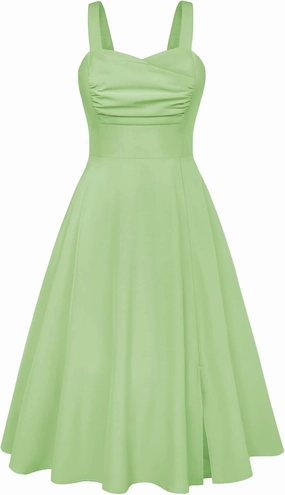 Belle Poque Women's Vintage 1950s Cocktail Dress Sleeveless Spaghetti Strap Ruched Slit A Line Swing Dress with Pockets