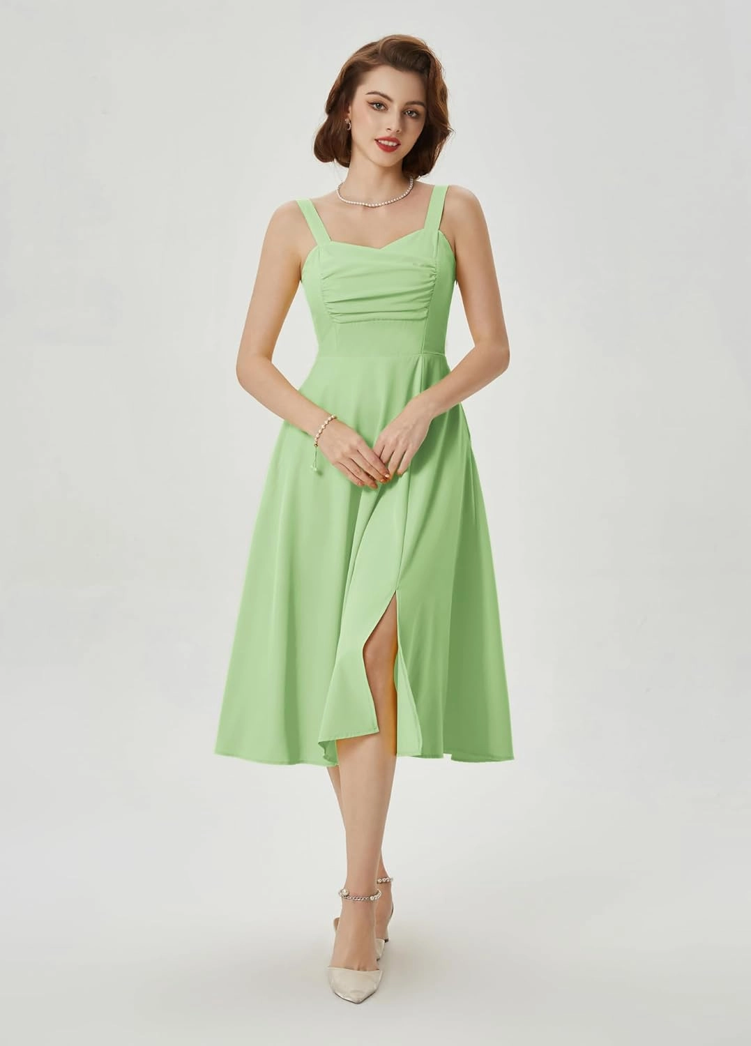 Belle Poque Women's Vintage 1950s Cocktail Dress Sleeveless Spaghetti Strap Ruched Slit A Line Swing Dress with Pockets