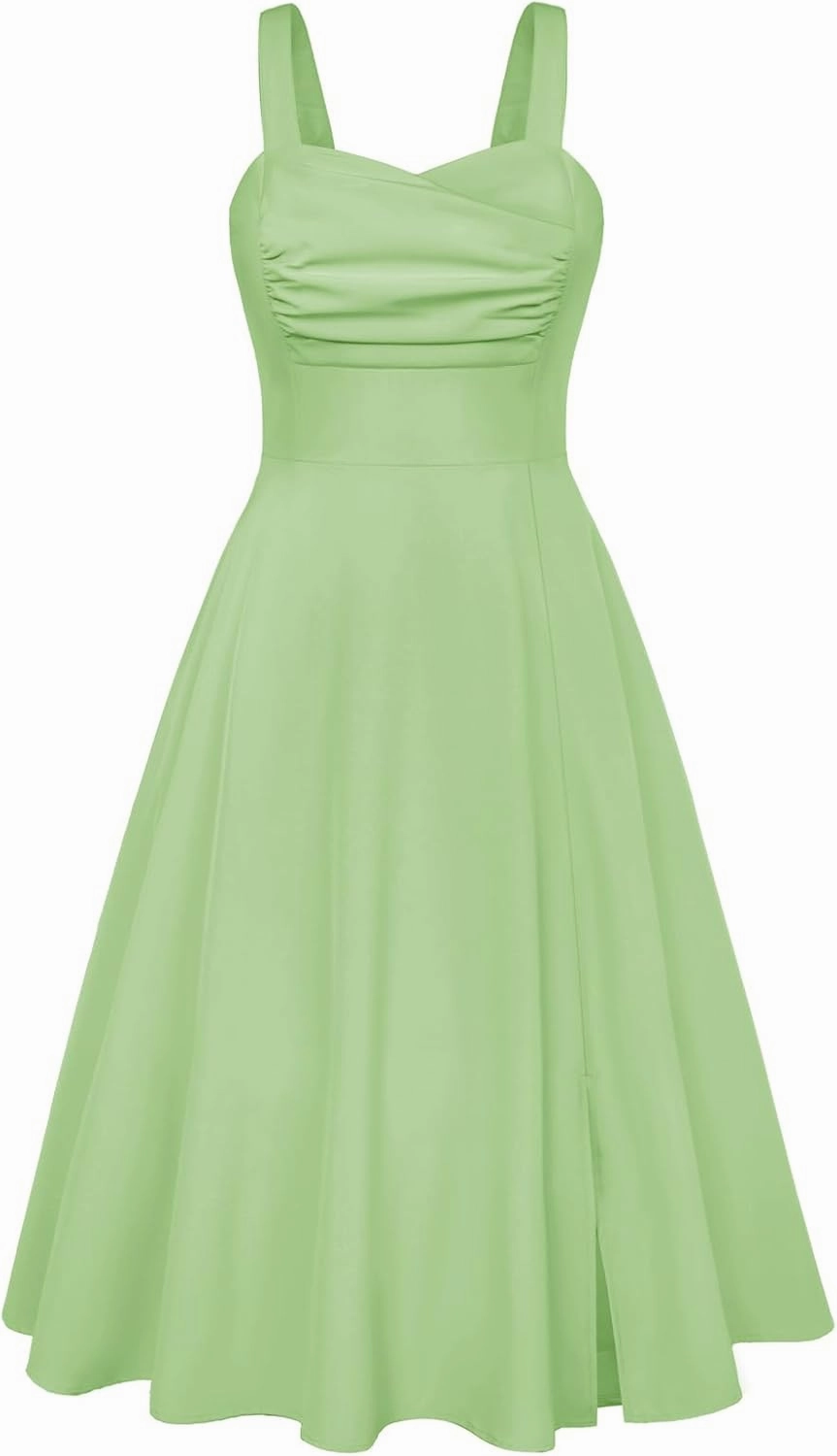 Belle Poque Women's Vintage 1950s Cocktail Dress Sleeveless Spaghetti Strap Ruched Slit A Line Swing Dress with Pockets
