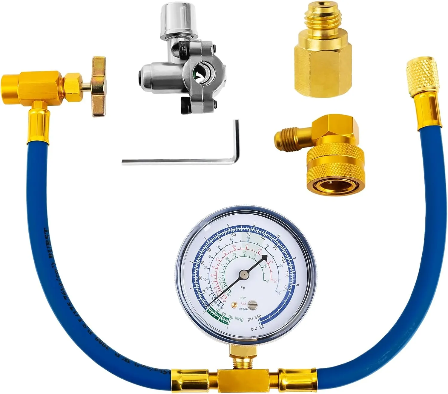 Belleone R134a Refrigerant Recharge Kit with BPV31 Bullet Piercing Valve and R134a Quick Coupler, R134a/R-12/R-22 Freon Refrigerant Hose Can Tap Kit for A/C System - Easy to use
