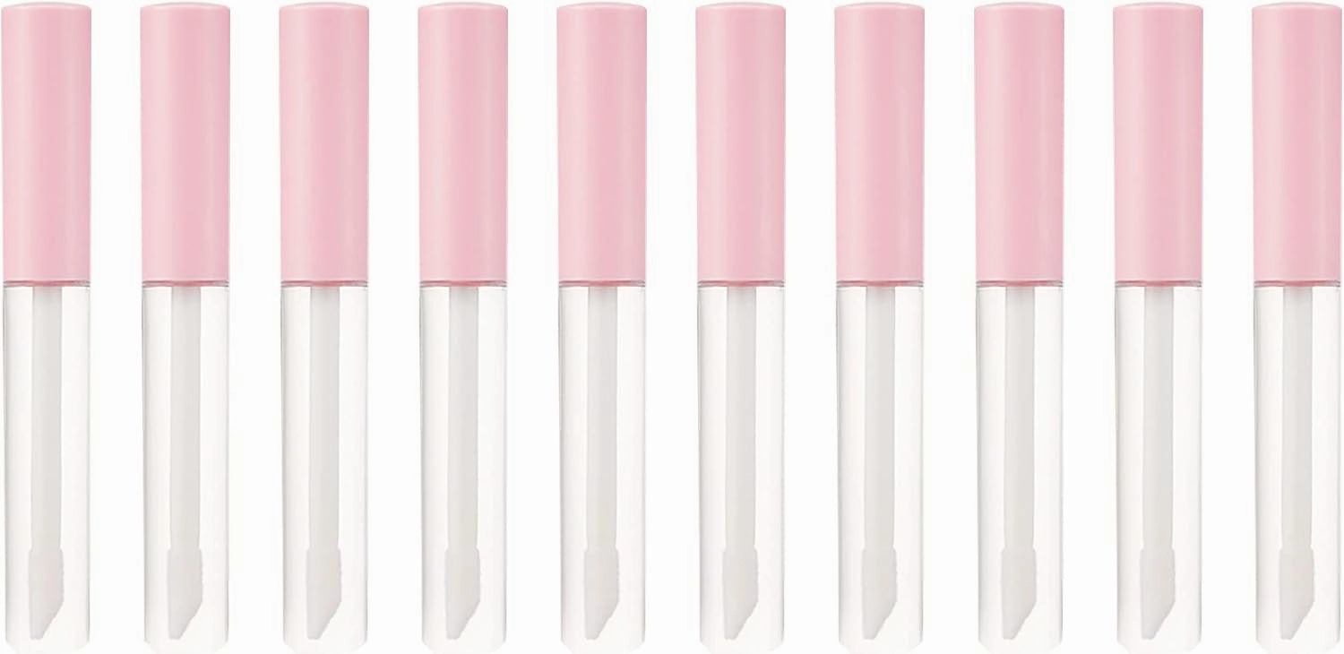 BesYouSel10ml Round Clear Lip Gloss Tubes,Lip Balm Bottle Container,10 Pack Empty Lip Gloss Bottle with Pink Cap, Clear Plastic Refillable Bottle Container with Brush Wand for DIY Lip Gloss Cosmetic