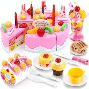 Birthday Cake Play Food Set PINK 75Pcs Plastic Kitchen Cutting Toy Pretend Play