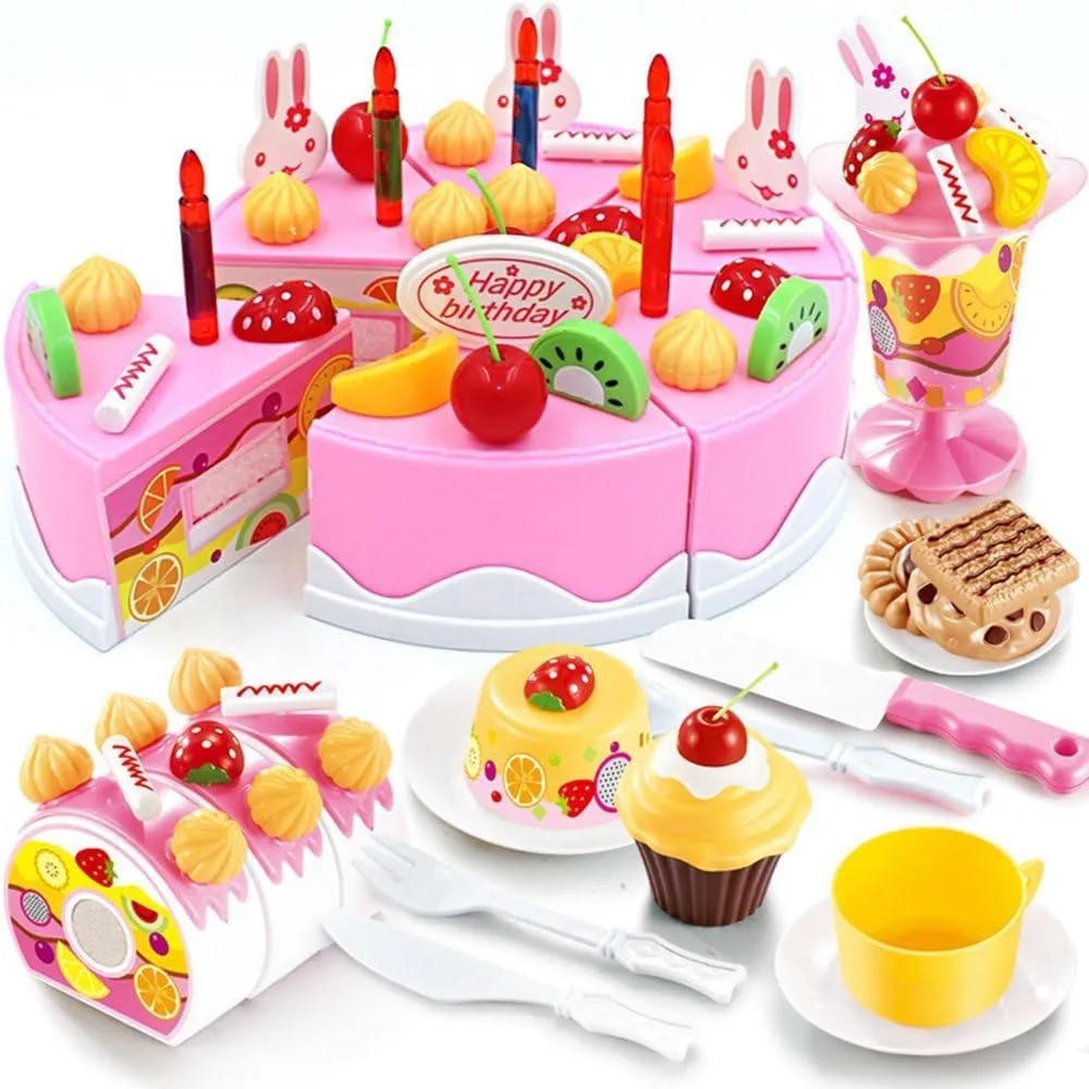 Birthday Cake Play Food Set PINK 75Pcs Plastic Kitchen Cutting Toy Pretend Play