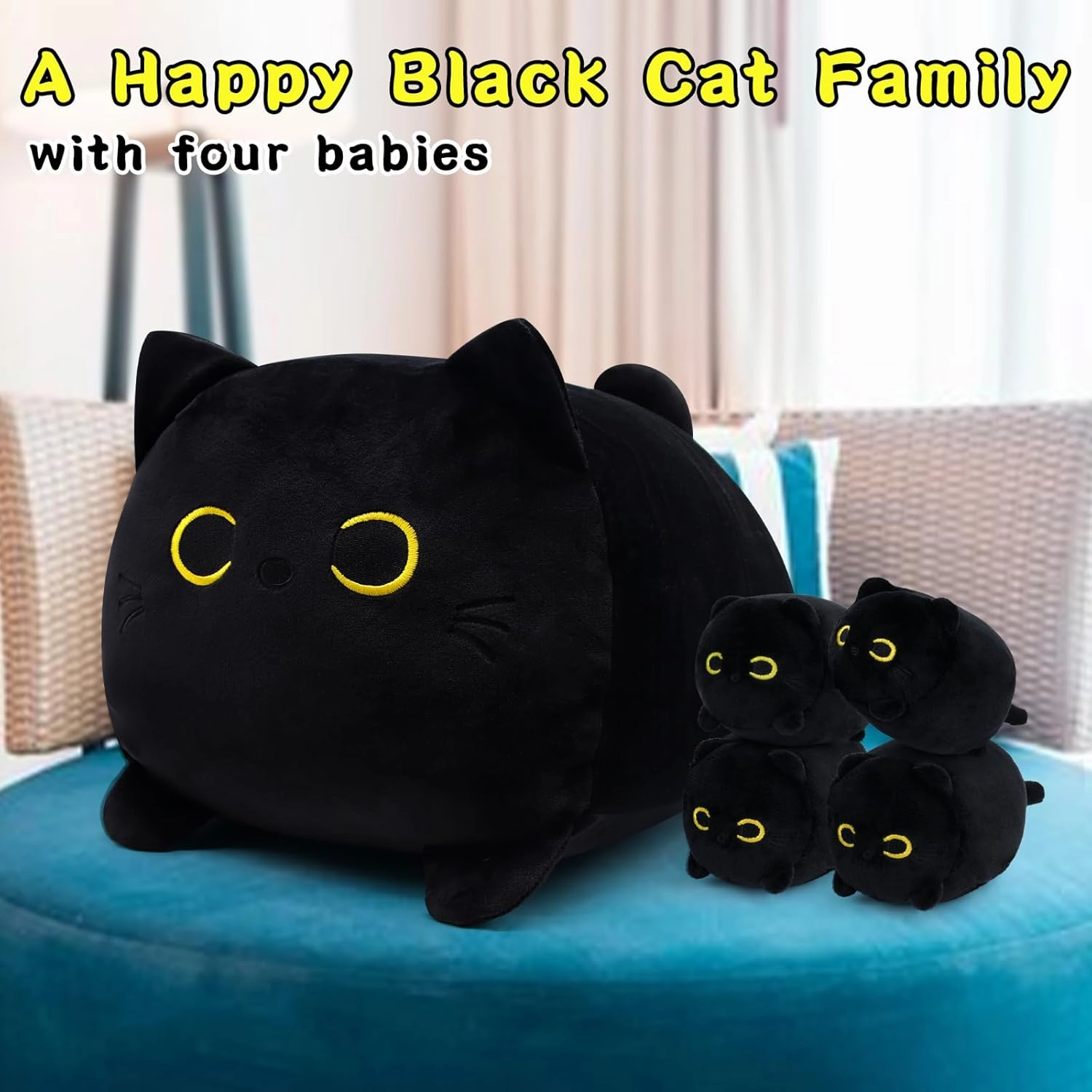 Black Cat Plush, Black Cat Stuffed Animals Cat Plushie Toy, Mommy Cat with 4 Baby Kittens Kawaii Birthday Gifts for Kids Boys Girls