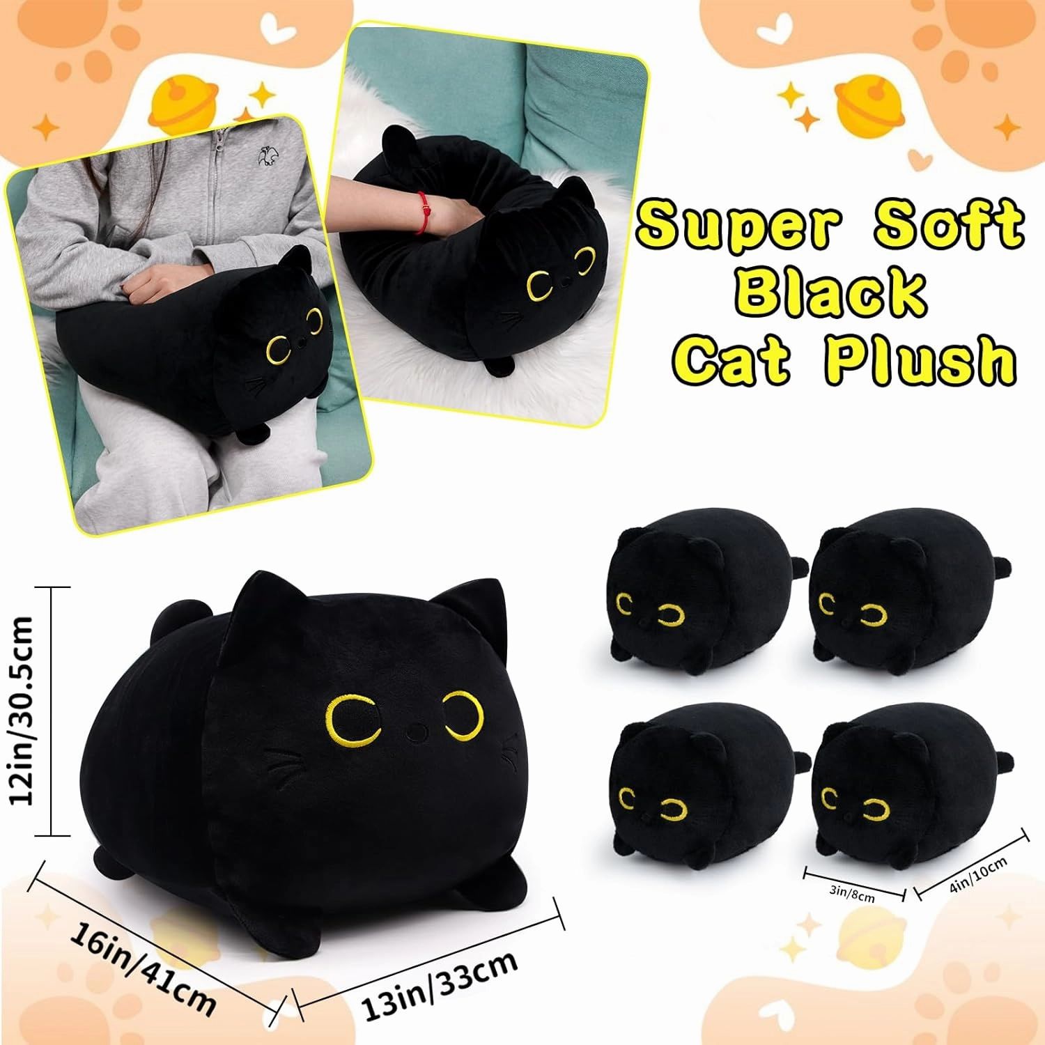 Black Cat Plush, Black Cat Stuffed Animals Cat Plushie Toy, Mommy Cat with 4 Baby Kittens Kawaii Birthday Gifts for Kids Boys Girls