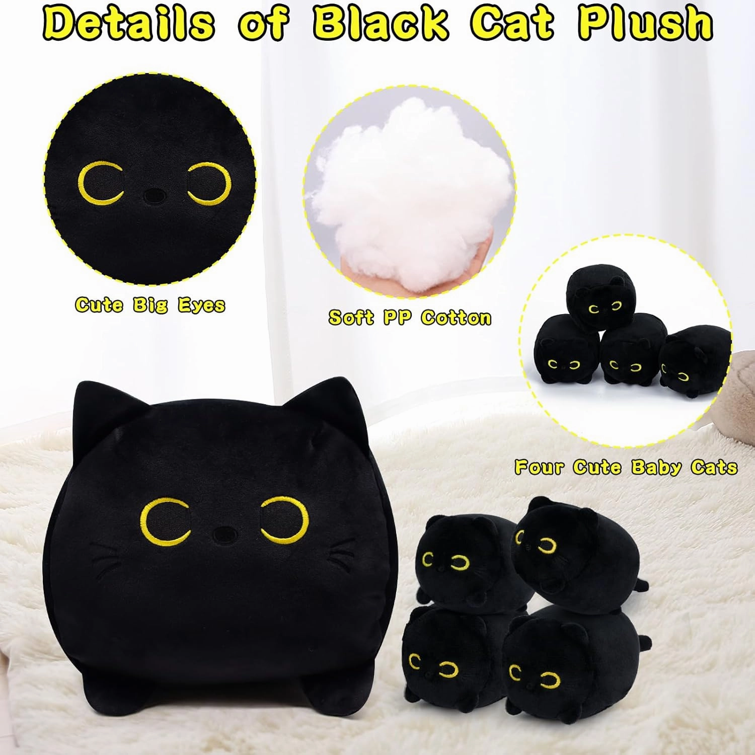Black Cat Plush, Black Cat Stuffed Animals Cat Plushie Toy, Mommy Cat with 4 Baby Kittens Kawaii Birthday Gifts for Kids Boys Girls