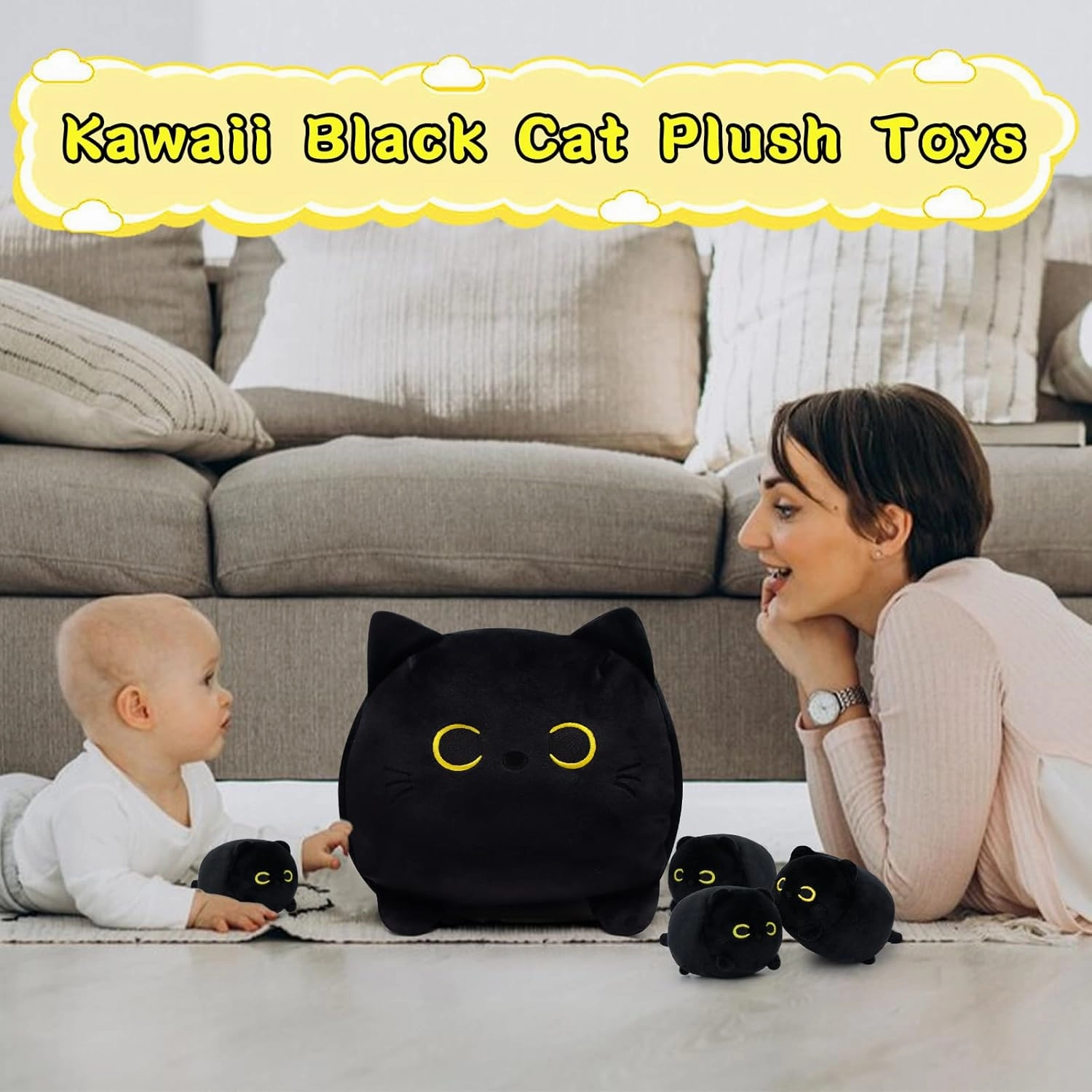Black Cat Plush, Black Cat Stuffed Animals Cat Plushie Toy, Mommy Cat with 4 Baby Kittens Kawaii Birthday Gifts for Kids Boys Girls