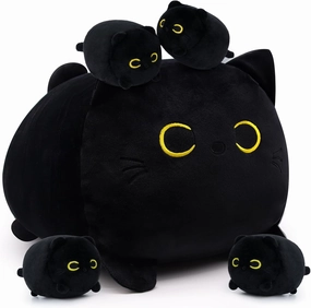Black Cat Plush, Black Cat Stuffed Animals Cat Plushie Toy, Mommy Cat with 4 Baby Kittens Kawaii Birthday Gifts for Kids Boys Girls