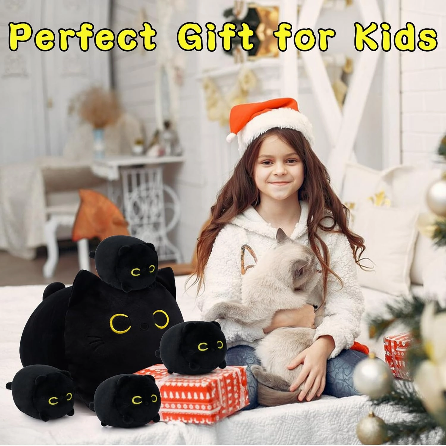 Black Cat Plush, Black Cat Stuffed Animals Cat Plushie Toy, Mommy Cat with 4 Baby Kittens Kawaii Birthday Gifts for Kids Boys Girls