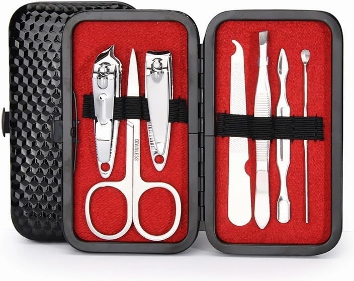 Black Checkered PU Leather Bag Nail Clipper Seven Piece Set(Style 2)